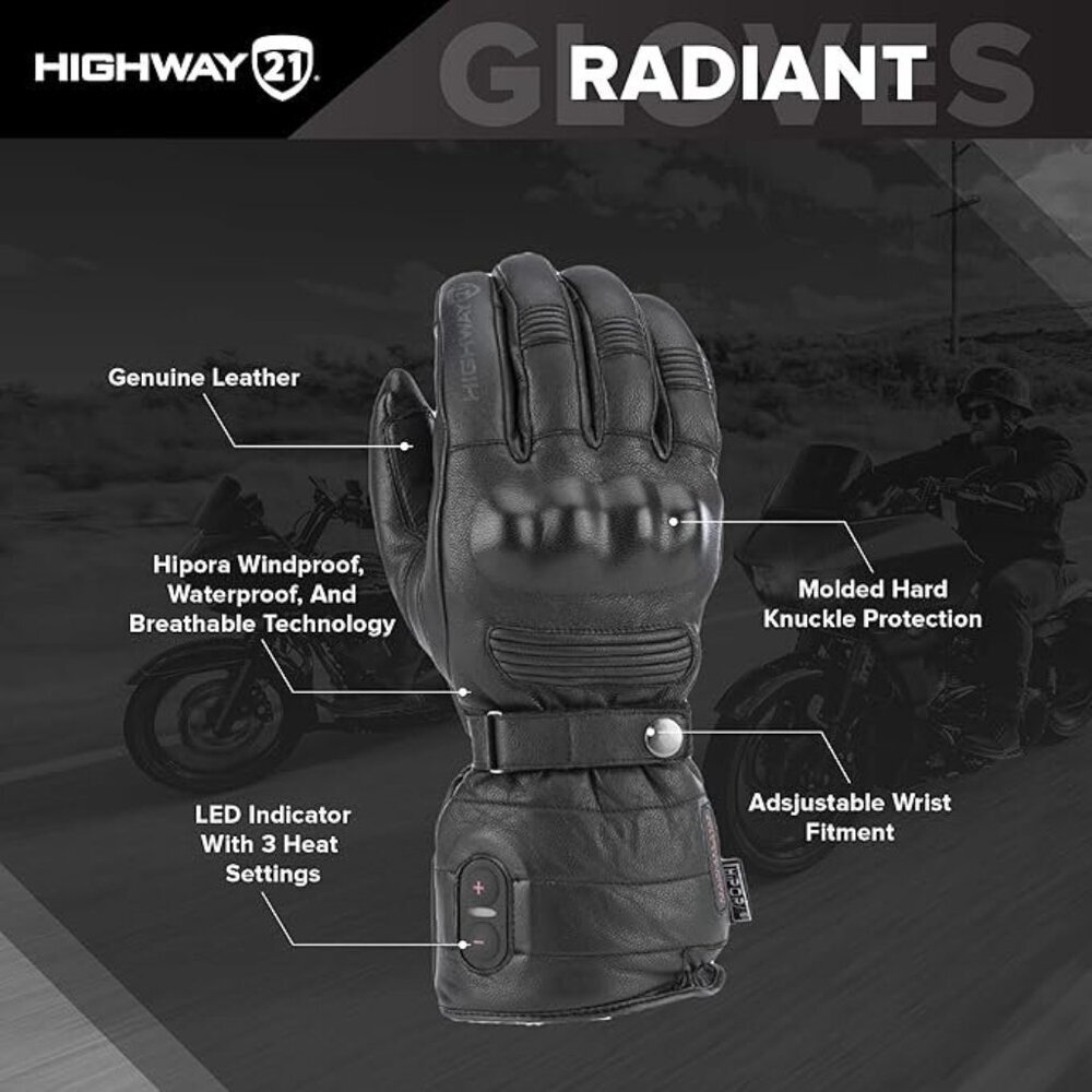 Highway 21 Radiant Gloves, Heated Leather Motorcycle Gauntlets 4 Men,SIZE MEDIUM